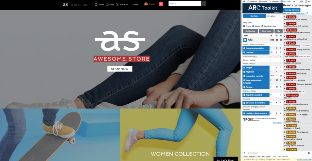 Screen displaying Awesome Store, an apparel website, and ARC Toolkit Firefox extension open displaying accessibility findings from an automated ARC Toolkit scan.